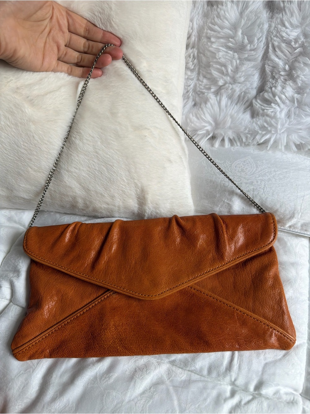 BCBGMaxazria Leather Envelope Shoulder Bag in Cognac Brown